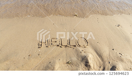 Business hello and welcome concept. Concept word Hello written on beautiful Red sea ocean sand beach. Beautiful Red sea ocean sand beach background, copy space. Business hello and welcome concept. Business hello and welcome concept. Concept word Hello written on beautiful Red sea ocean sand beach. Beautiful Red sea ocean sand beach background, copy space. Business hello and welcome concept. 125694623
