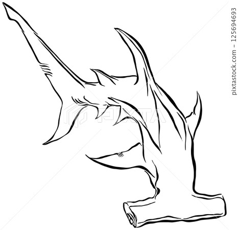 Illustration of black silhouette of a hammerhead shark drawing line 125694693