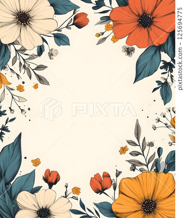 hand-drawn floral border frame template with ivory background, boho theme, 125694775
