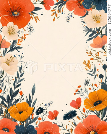 hand-drawn floral border frame template with ivory background, boho theme, 125694777