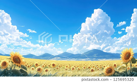 Stunning Sunlit Sunflower Field with Majestic Mountains in Background 125695320