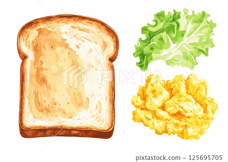 Toast, scrambled eggs, and lettuce watercolor illustration set AI generation 125695705