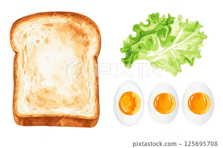 Toast, boiled eggs, and lettuce watercolor illustration set AI generation 125695708