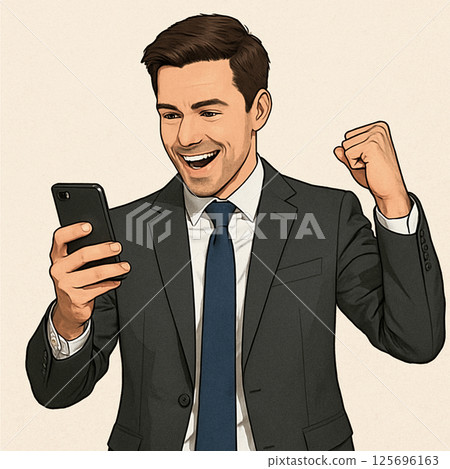Western businessman posing with fist pump while looking at smartphone 125696163