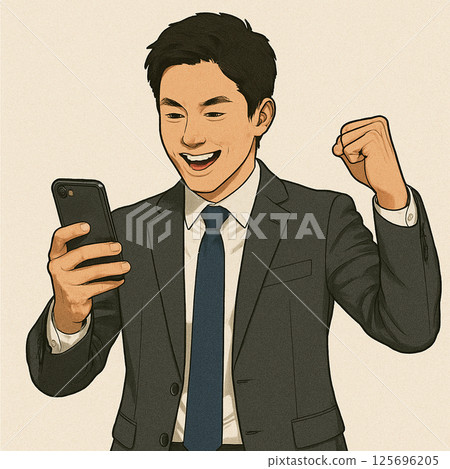 A young businessman looking at his smartphone and making a fist pump 125696205