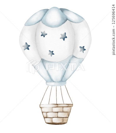 Whimsical watercolor hot air balloon design with star patterns and pastel colors 125696414