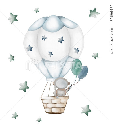 Cute watercolor hot air balloon with bear and stars against a white background 125696421