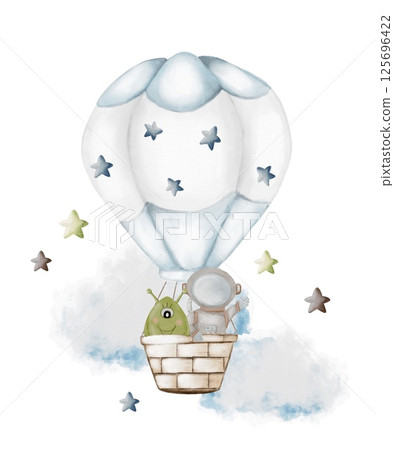 Hot air balloon ride with a friendly creature and astronaut among stars and clouds 125696422