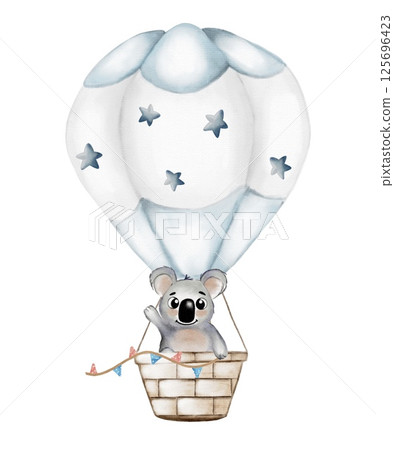 Cute koala in a hot air balloon with a soft starry pattern and cheerful decorations 125696423