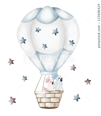 Colorful hot air balloon design featuring cute birds and stars in a whimsical style Colorful hot air balloon design featuring cute birds and stars in a whimsical style 125696424