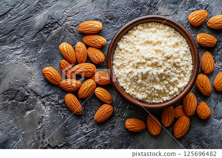 Ground almonds flour in wooden bowl surrounded by whole nuts on rustic wooden table 125696482