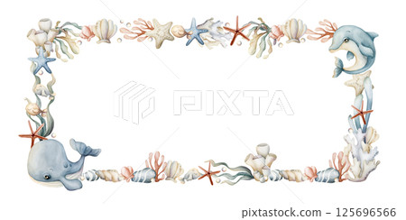 Sea Animals and Plants Frame. Cute whale, dolphin, seaweeds, coral, starfish, shell, sponge, pebbles. Watercolor hand painted summer isolated illustration for kids nursery baby shower undersea design Sea Animals and Plants Frame. Cute whale, dolphin, seaweeds, coral, starfish, shell, sponge, pebbles. Watercolor hand painted summer isolated illustration for kids nursery baby shower undersea design 125696566