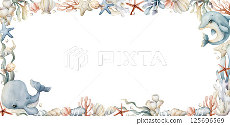 Sea Animals and Plants Frame. Cute whale, dolphin, seaweeds, coral, starfish, shell, sponge, pebbles. Watercolor hand painted summer isolated illustration for kids nursery baby shower undersea design Sea Animals and Plants Frame. Cute whale, dolphin, seaweeds, coral, starfish, shell, sponge, pebbles. Watercolor hand painted summer isolated illustration for kids nursery baby shower undersea design 125696569