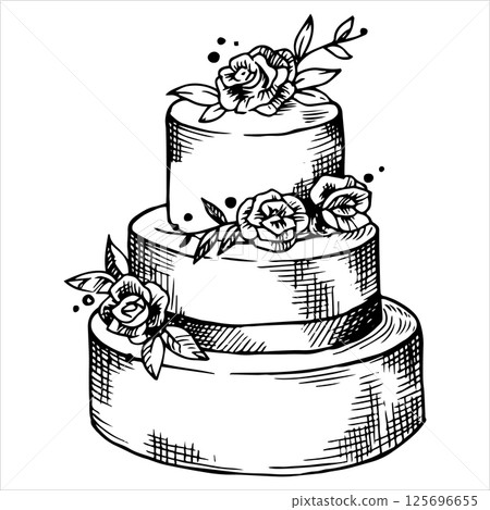 wedding cake, vector illustration in sketch style 125696655