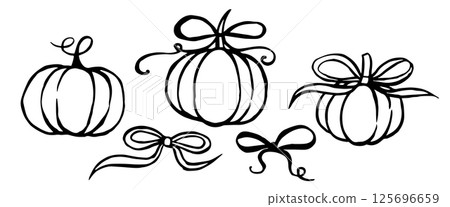 sketch illustration for thanksgiving day. set of pumpkins with bows vintage sketch illustration for thanksgiving day. set of pumpkins with bows vintage 125696659