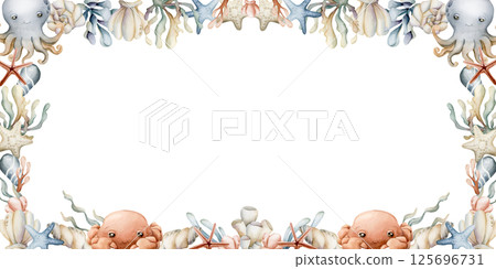 Sea Animals and Plants Frame. Cute octopus, crab, seaweeds, coral, starfish, shell, sponge, pebbles. Watercolor hand painted summer isolated illustration for kids nursery baby shower undersea design Sea Animals and Plants Frame. Cute octopus, crab, seaweeds, coral, starfish, shell, sponge, pebbles. Watercolor hand painted summer isolated illustration for kids nursery baby shower undersea design 125696731