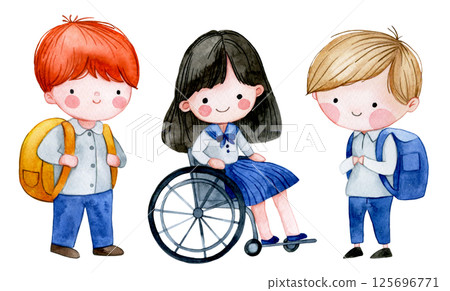 watercolor illustration, cute schoolchildren. back to school, diversity 125696771