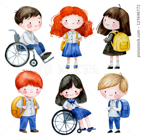 watercolor illustration, cute schoolchildren. back to school, diversity watercolor illustration, cute schoolchildren. back to school, diversity 125696772