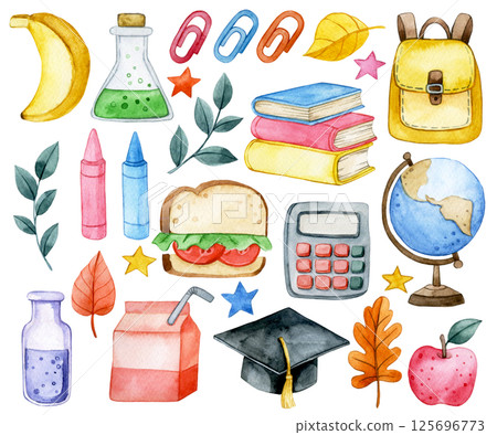 cute watercolor illustration, set of school items. back to school 125696773