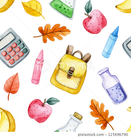 watercolor seamless pattern with school supplies. print for back to school 125696790