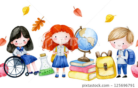 cute watercolor border with school kids and school supplies. seamless banner on back to school theme cute watercolor border with school kids and school supplies. seamless banner on back to school theme 125696791