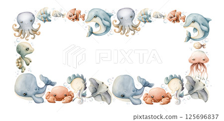 Sea animal Frame. Cute ocean creatures. Adorable underwater world marine inhabitants. Whale dolphin turtle fish. Watercolor hand painted summer isolated illustration kids nursery baby shower undersea 125696837