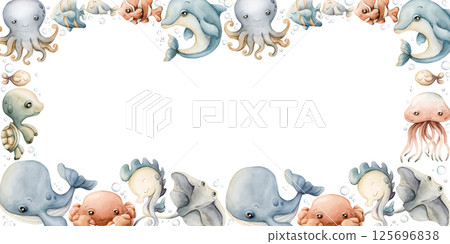 Sea animal Frame. Cute ocean creatures. Adorable underwater world marine inhabitants. Whale dolphin turtle fish. Watercolor hand painted summer isolated illustration kids nursery baby shower undersea Sea animal Frame. Cute ocean creatures. Adorable underwater world marine inhabitants. Whale dolphin turtle fish. Watercolor hand painted summer isolated illustration kids nursery baby shower undersea 125696838
