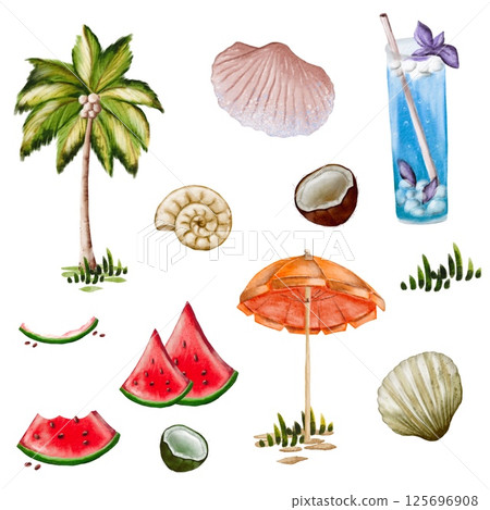 Tropical summer elements with palm trees, seashells, and refreshing drinks for beach vibes 125696908