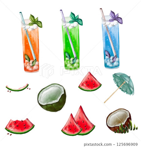 Refreshing summer drinks with watermelon and coconut on a bright background 125696909
