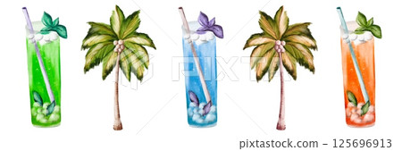 Colorful tropical drinks with palm trees under bright sunlight on a summer day 125696913