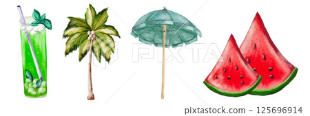 Enjoying summer with refreshing drinks, palm trees, umbrellas, and juicy watermelon slices Enjoying summer with refreshing drinks, palm trees, umbrellas, and juicy watermelon slices 125696914