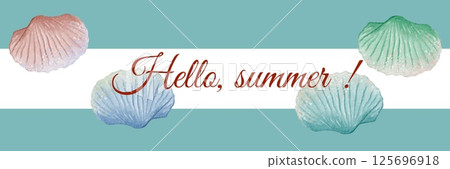 Colorful seashells decorate a cheerful summer greeting on a light background 125696918