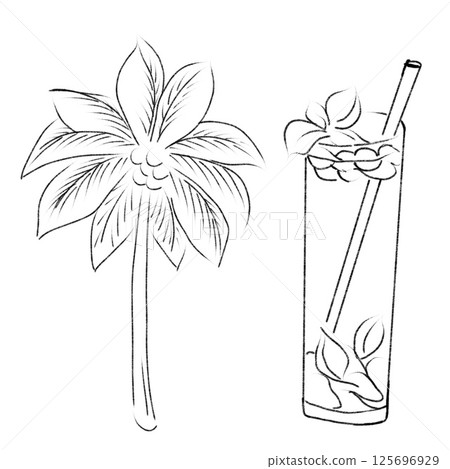 Decorative palm plant and refreshing beverage with mint and straw in simple line art style Decorative palm plant and refreshing beverage with mint and straw in simple line art style 125696929