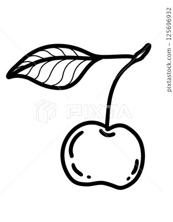 Cherry with leaf depicted in a simple line art style on a white background Cherry with leaf depicted in a simple line art style on a white background 125696932