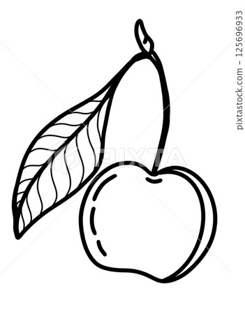 Cherry illustration with a green leaf in a simple black outline style Cherry illustration with a green leaf in a simple black outline style 125696933