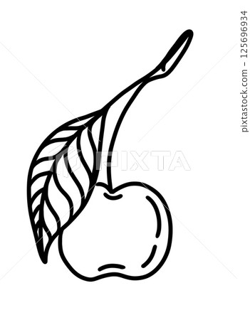 Illustration of a cherry with a green leaf on a simple outline design 125696934