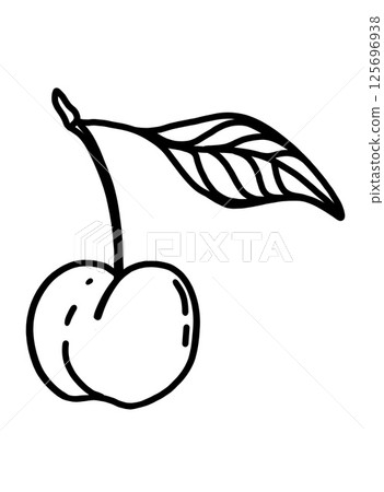 Simple black and white illustration of a cherry with a leaf 125696938