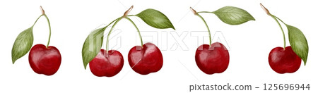 Red cherries on stems with green leaves in a simple arrangement 125696944