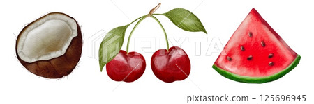 Beautiful illustration of cherries, watermelon, and coconut with vibrant colors and details Beautiful illustration of cherries, watermelon, and coconut with vibrant colors and details 125696945