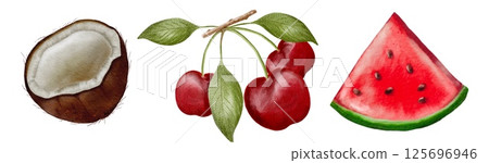 Delicious assortment of cherries, coconut, and watermelon on a bright background Delicious assortment of cherries, coconut, and watermelon on a bright background 125696946