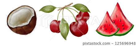 Fresh cherries, coconut, and watermelon arranged for a vibrant summer display Fresh cherries, coconut, and watermelon arranged for a vibrant summer display 125696948