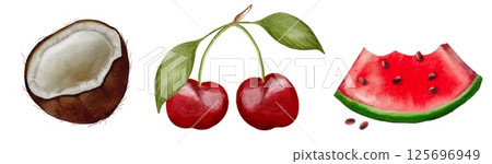 Fresh cherries with coconut and watermelon on a bright background for summer enjoyment 125696949