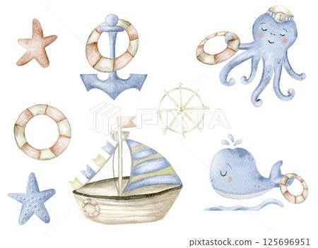 Artistic watercolor representation of marine elements featuring a ship, whale, and octopus 125696951