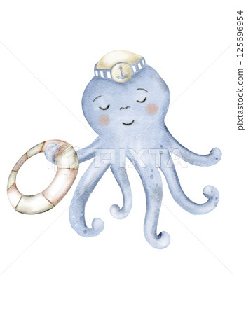 Charming baby blue octopus holding a life ring in a playful marine watercolor style Charming baby blue octopus holding a life ring in a playful marine watercolor style 125696954