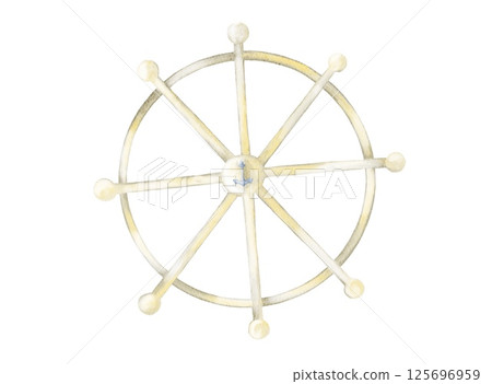 Watercolor of a nautical steering wheel in soft blues, ideal for a marine-themed nursery Watercolor of a nautical steering wheel in soft blues, ideal for a marine-themed nursery 125696959