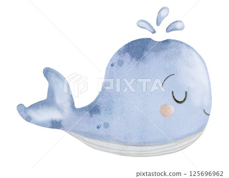Charming watercolor illustration of a serene baby blue whale in a playful pose 125696962