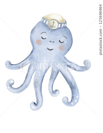 Baby blue octopus wearing a captain's hat in a whimsical marine watercolor style Baby blue octopus wearing a captain's hat in a whimsical marine watercolor style 125696964