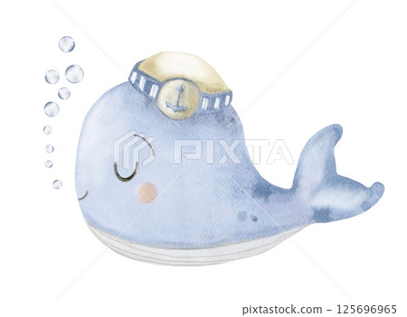 Cute baby whale illustration with a sailor hat and bubbles in a watercolor style 125696965
