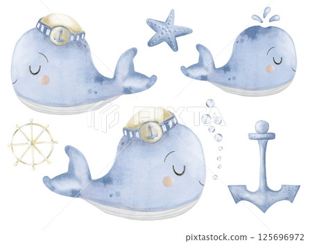 Playful marine watercolor illustration of baby whales in blue with nautical elements 125696972