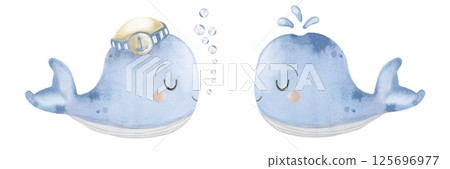 Whimsical underwater scene featuring playful baby whales in soft blue watercolor style 125696977